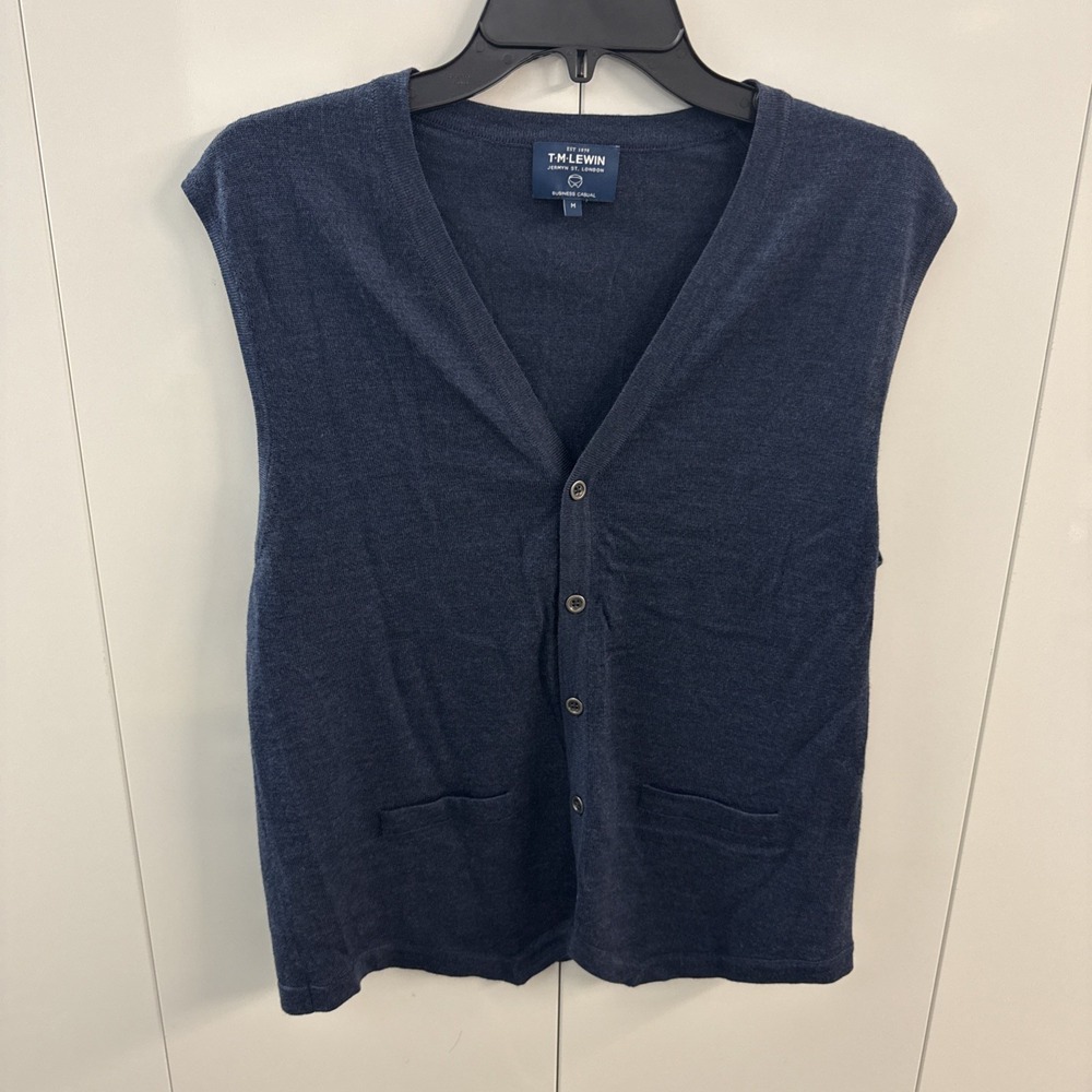 TM Lewin Mens Merino Wool Sleeveless Cardigan Vest Blue V-Neck Medium M45